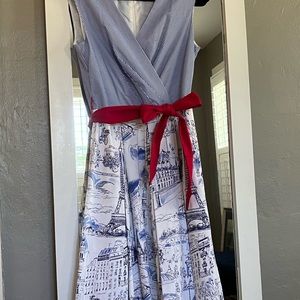 ‘Paris’ theme Dress in Blue & White with Red Belt